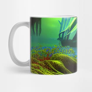 Landscape Painting with Tropical Colorful Plants and boat in the sea, Scenery Nature Mug